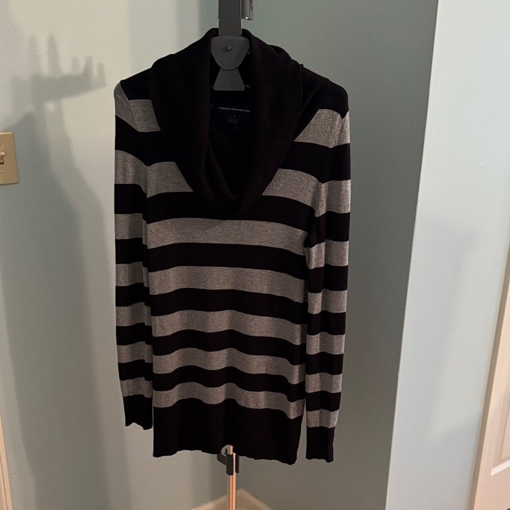 French Connection Black and Gray Striped Turtleneck Sweater
